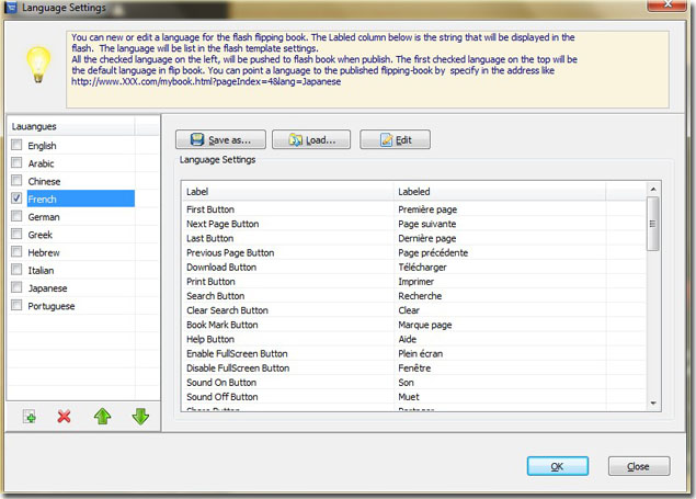 customize the language settings of flip catalog by page flip software