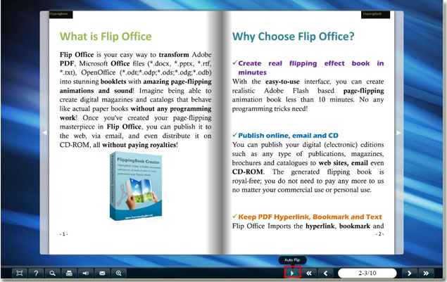easily click auto flip button to control the auto flip book