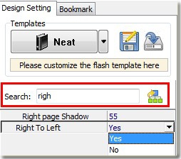 input search character to search options on page flip software